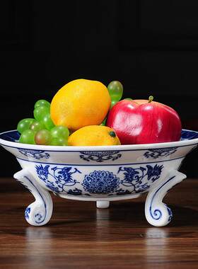 中国风青花瓷陶瓷果盘水果糖果干果盘客厅餐馆菜盘中式装饰品摆件