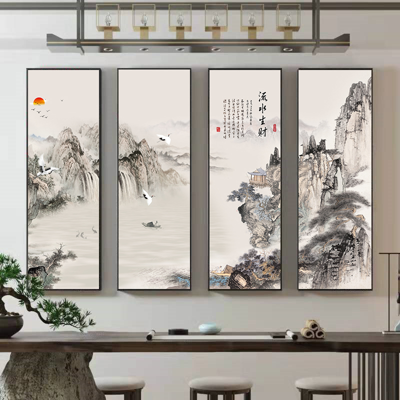 流水生财客厅沙发背景墙装饰画新中式茶室四联组合壁画竖招财挂画