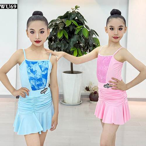 新款儿童拉丁舞服少儿女孩夏季练功服舞裙套装吊带蕾丝高级表演服