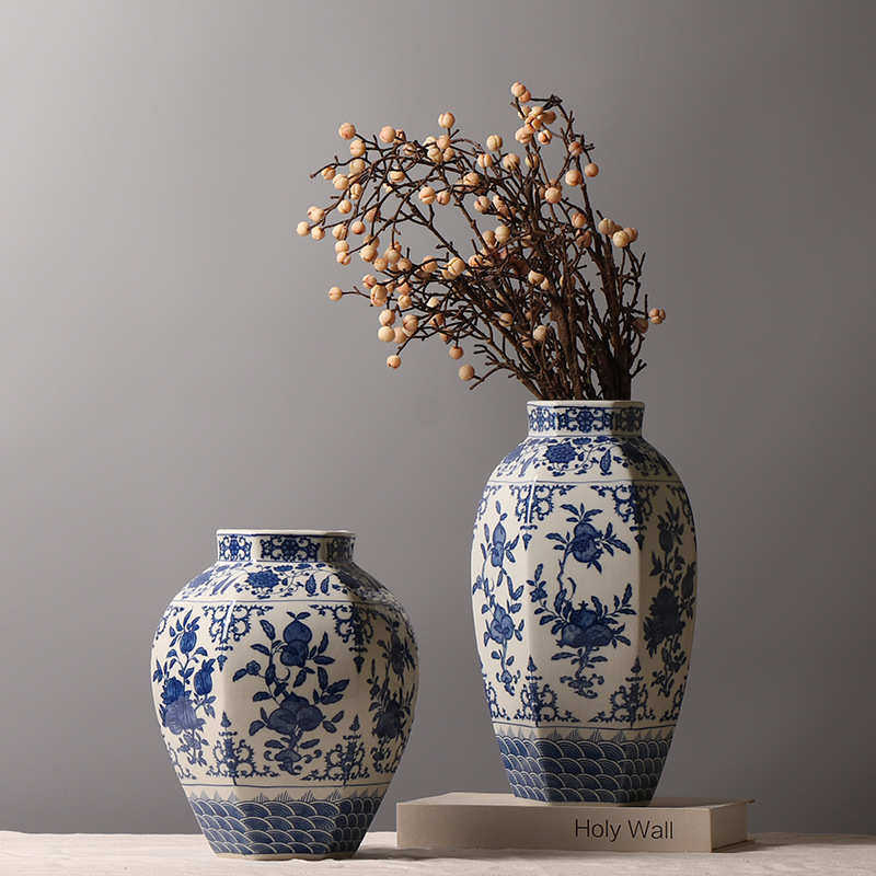 中式青花瓷海水纹折纸花果纹装饰品 陶瓷花瓶创意插花摆件 三件套