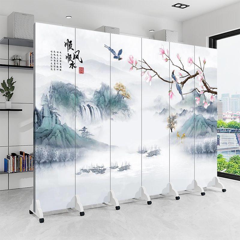 新中式山水画玄关屏风家用办公室餐厅卫生间隔断遮挡移动定制折屏