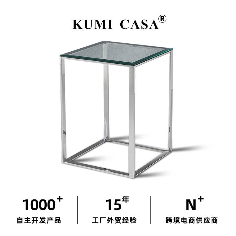 设计师简约创意玻璃边几卧室茶几客厅家用不锈钢现代沙发方形角几