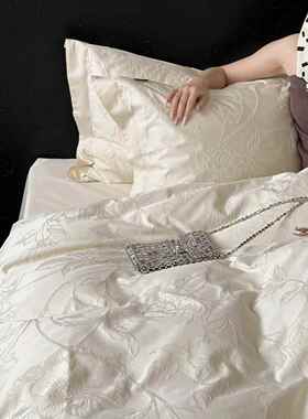 厚织浮雕款~轻奢提花四件套100S纯棉被套床单床笠白色秋冬季
