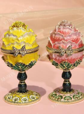 新款珐琅彩首饰盒玫瑰蛋摆件欧式轻奢高级复古镶钻工艺品高脚彩蛋
