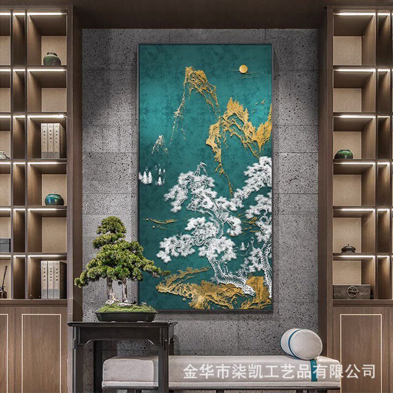 客厅沙发背景墙浮雕立体烫金风景装饰画新中式餐厅中堂玄关竖挂画