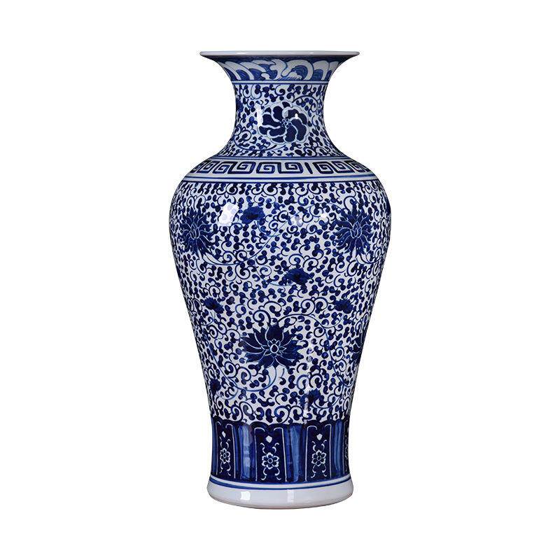 手绘青花缠枝莲纹梅瓶新中式客厅玄关装饰品摆件工艺品