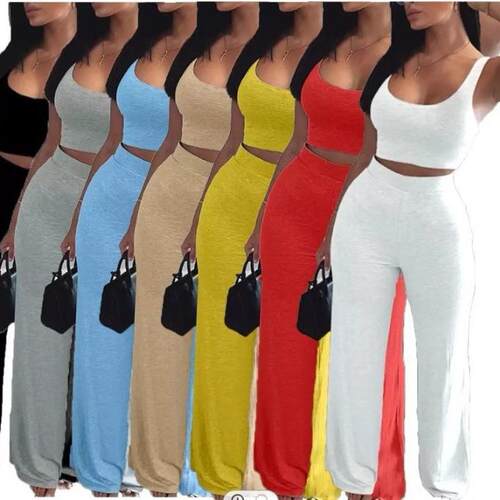 Womens Solid Scoop Neck Crop Tank Top Elastic Waist Pants