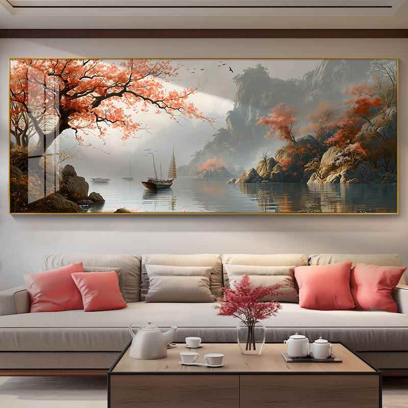 新中式客厅装饰画一帆风顺办公室山水风景壁画茶室沙发背景墙挂画
