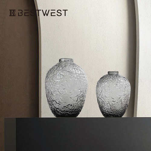 Best west 大肚落地马醉木灰色透明锤纹水培玻璃花瓶家居装饰花器