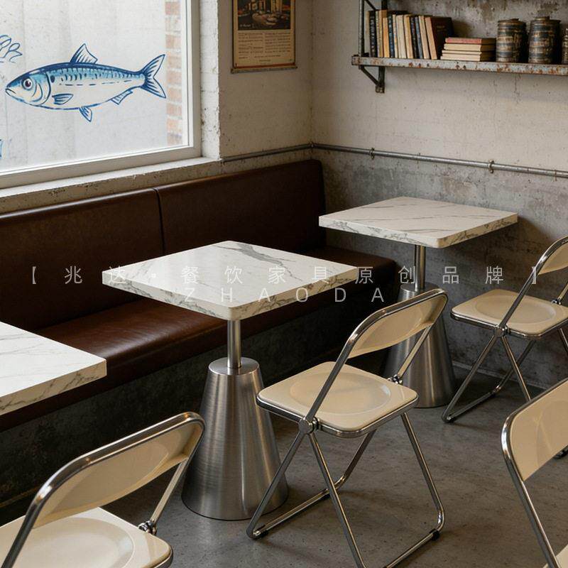 工业风咖啡店桌椅水泥风装修不锈钢小圆桌餐厅家具亚克力折叠椅子