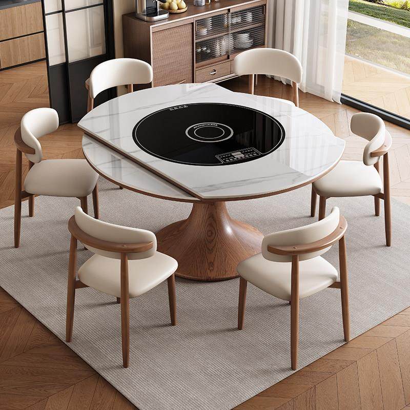 岩板餐桌电磁炉电动转盘多功能家用圆形饭桌伸缩折叠实木可变圆桌,住宅家具,岩板餐桌,淘宝优惠券,粉丝福利购,淘宝优惠卷