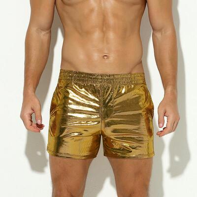 Men's mid length pants with faux leather shiny striped