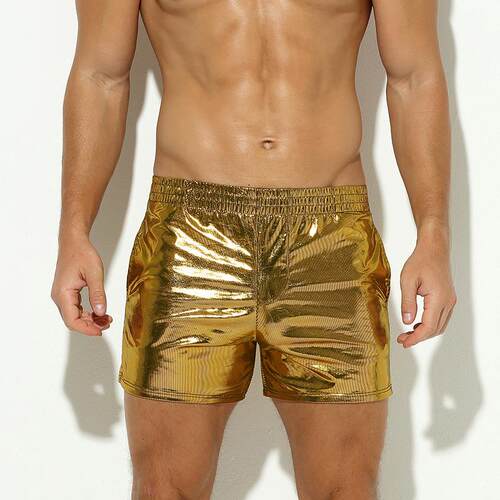 Men's mid length pants with faux leather shiny striped