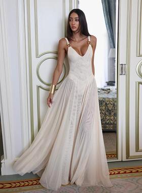 Women's 2 in 1 Deep V Neck Backless Spaghetti Strap Tulle