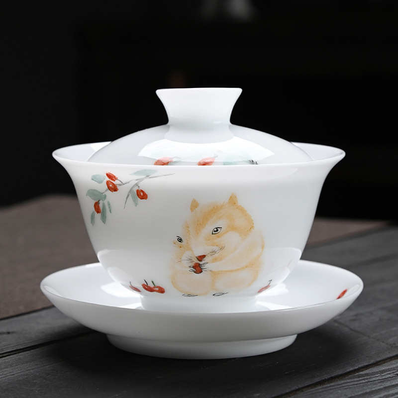 国潮文创手绘盖碗冰种玉瓷三才泡茶碗高端家用功夫茶具泡茶器礼碗
