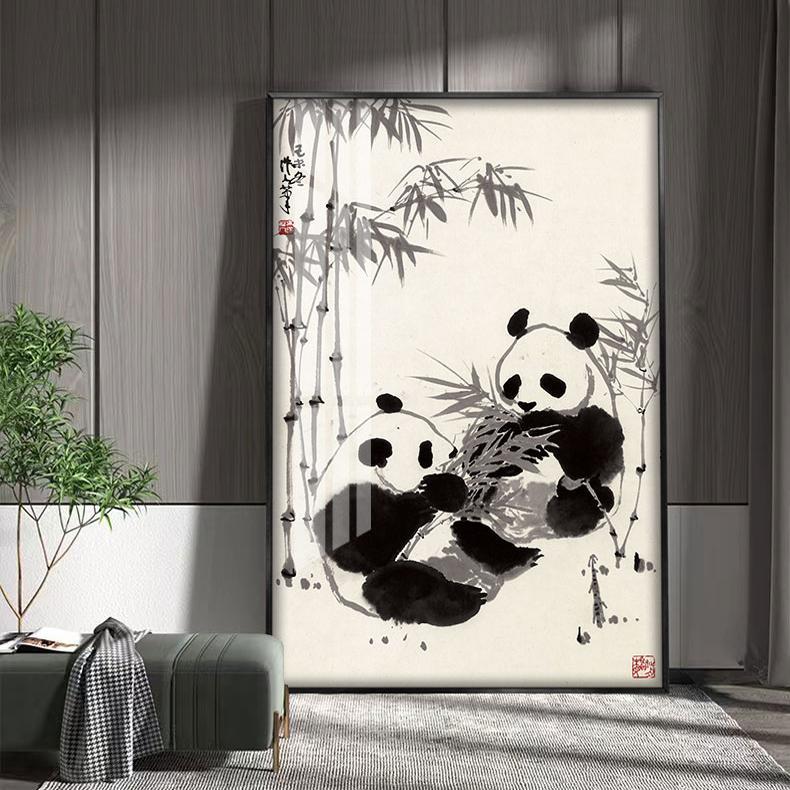吴作人熊猫图国画新中式客厅背景墙装饰画玄关壁画民宿办公室挂画