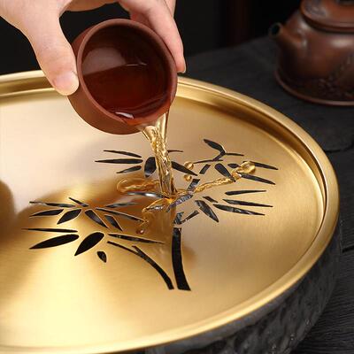 冠发储PC黄铜茶盘SIA家约用大型托盘水式简干泡盘茶具圆形茶小海