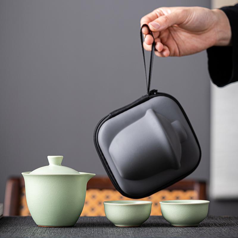 汝窑开片可养冰裂手抓壶快客杯一壶两杯便携随身旅行茶具套装