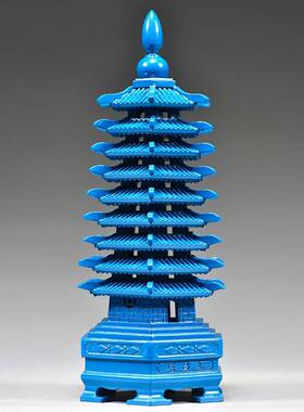 蓝色桃木雕刻九层文昌塔摆件木质十三层七层文昌塔客厅书桌工艺品