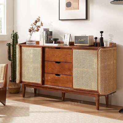 时序边柜 ziihome®实木餐边柜藤编客厅储物柜小户型置物柜茶水柜