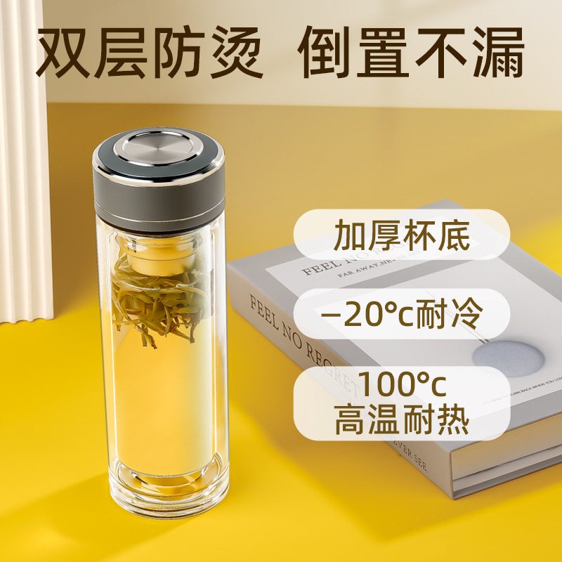 2025新款简约双层玻璃水杯茶叶分离耐温玻璃隔热通用茶杯