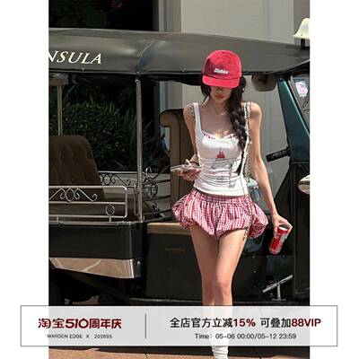 韩好甜WARDEN EDGE 低腰格子花苞裤女夏辣妹宽松显瘦休闲红色短裤