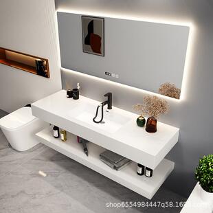 岩板无缝拼接陶瓷一体盆纯白色简约高端洗漱台浴室镜柜现代卫生间