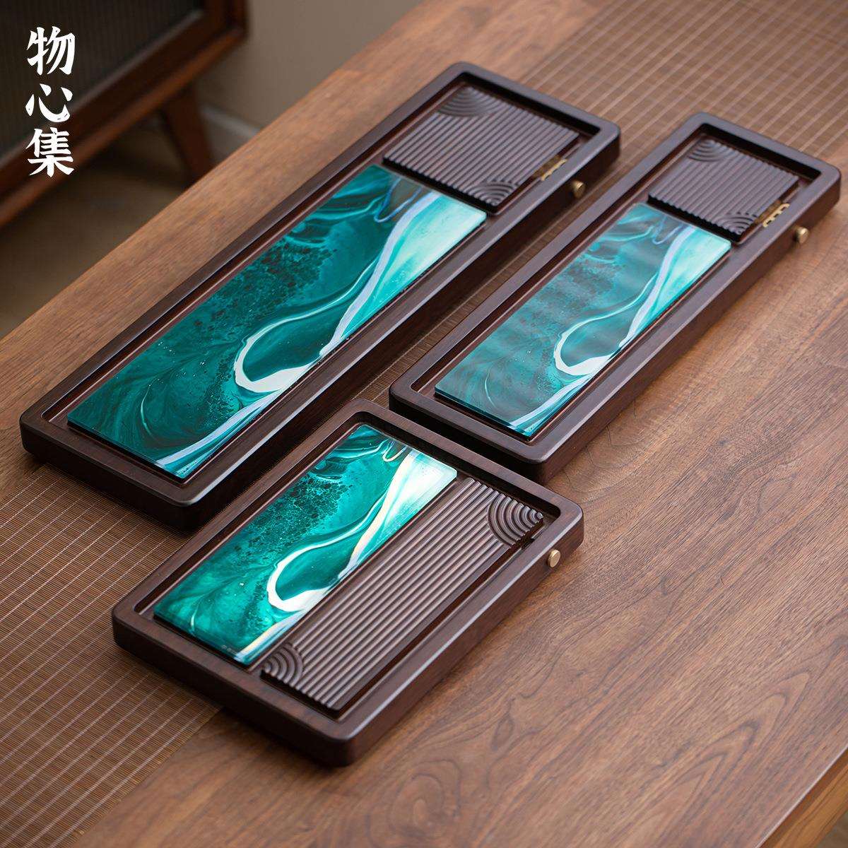 物心集茶海茶台重竹茶托盘家用款长方形蓝海可发光干泡盘排水茶盘