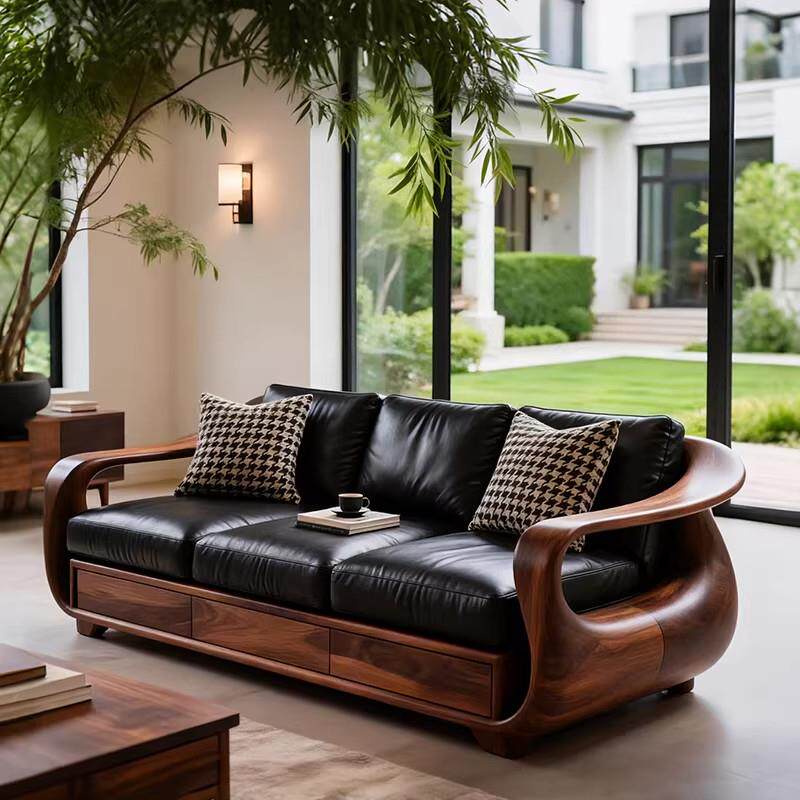 新中式实木直排沙发高端胡桃木客厅小户型真皮储物三人位2026新款