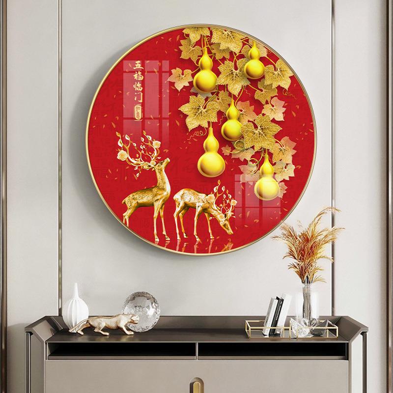 五福临门玄关画新中式走廊过道福字挂画招财葫芦画圆形餐厅装饰画图片