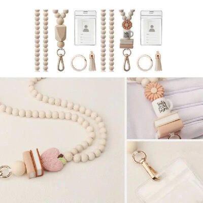 C7AB Wood Beaded Lanyard and Card Holder Set Badge Card