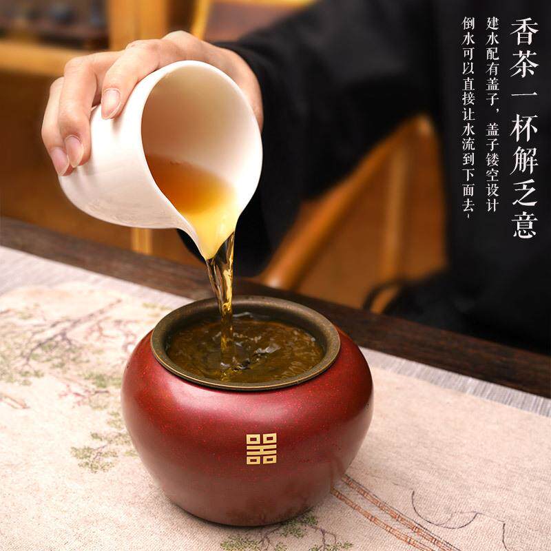 铜木香纯铜建水家用过滤茶渣桶带盖茶钵复古茶渣缸干泡茶道配件
