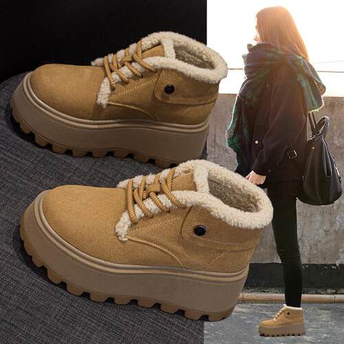8厘米增高~勃肯内增高雪地靴女冬季加绒外穿羊羔毛毛厚底高帮棉鞋