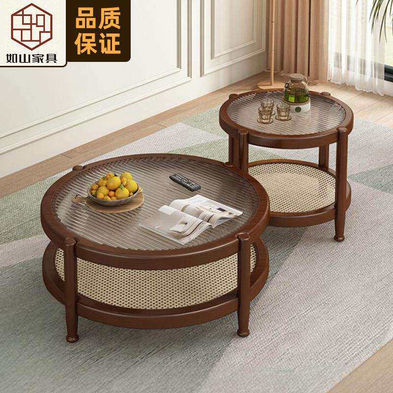 实木藤编玻璃茶几客厅家用小户型大小组合茶桌简约阳台休闲圆边几