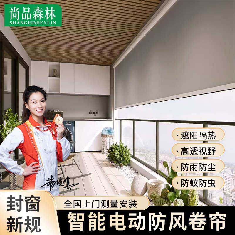 电动防风卷帘开放式阳台封窗遮阳防雨防蚊纱窗防尘升降挡风挡雨帘