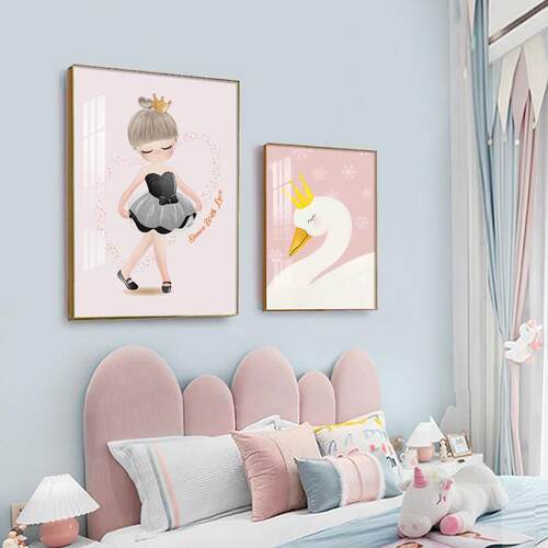 儿童房装饰画温馨少女风粉色可爱卡通壁画公主女孩房组合卧室挂画