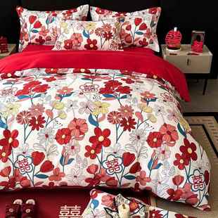 新款 团购婚嫁四件套磨毛棉结婚大红色婚庆被套新婚房备婚床上用品