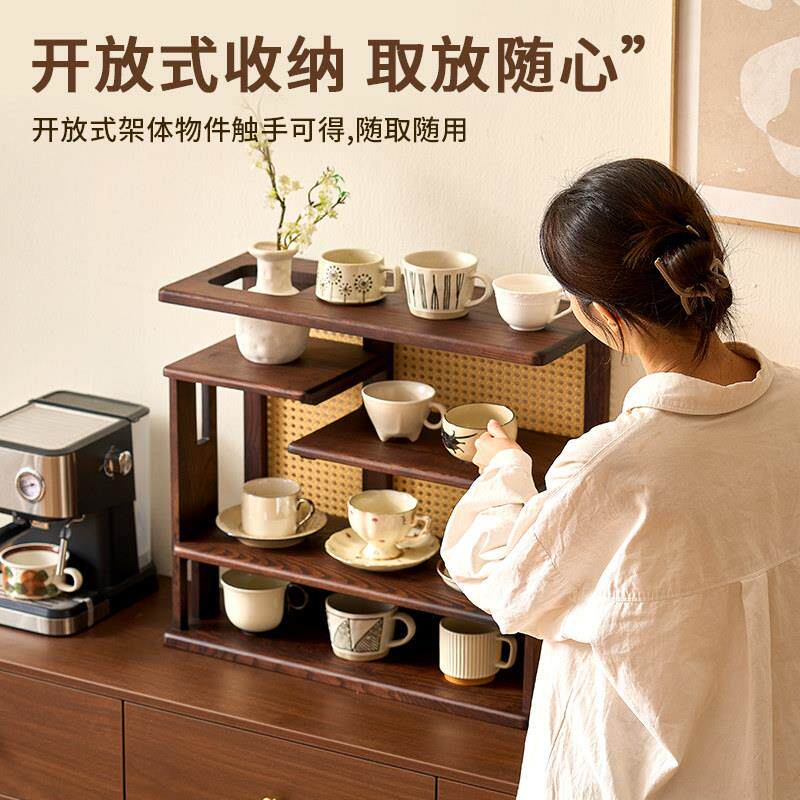 实木置物收纳柜桌面博架咖啡水茶褐本(餐具茶杯古茶壶杯中式藤编