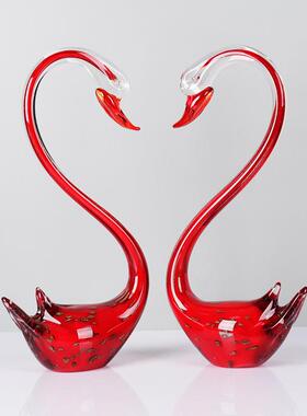 红色蓝色琉璃天鹅一对玄关家居摆件