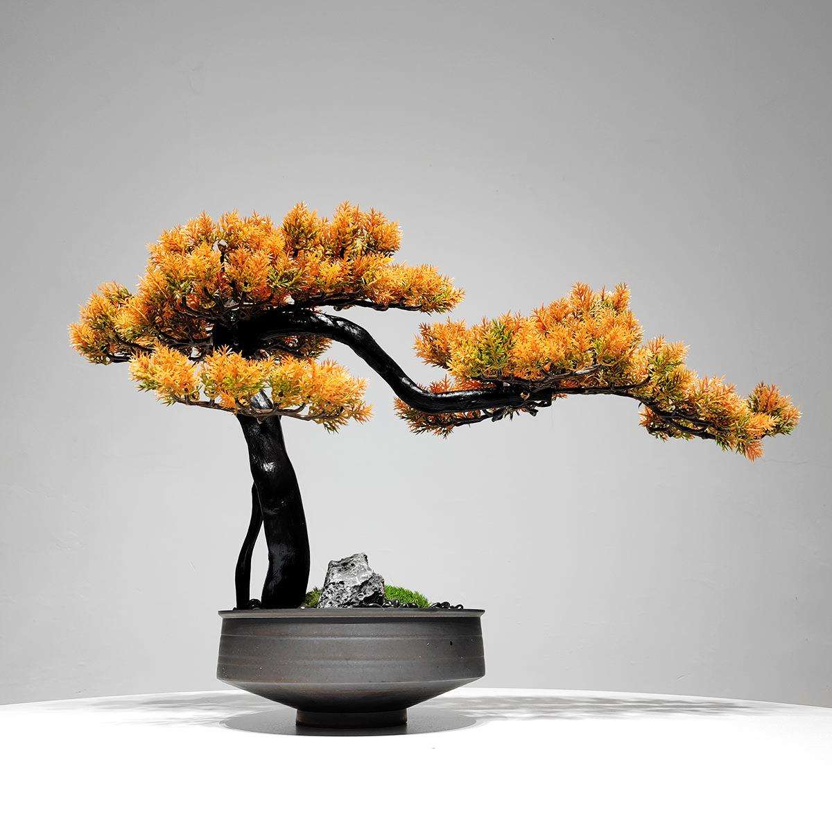 新中式客厅仿橙真植物盆景室内饰色迎客松绿植盆栽树假桌面770装