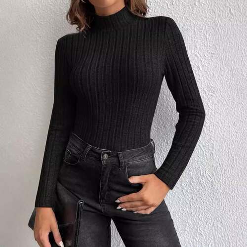 Women'S Solid Color High-Neck Ribbed Knitted Sweater,,