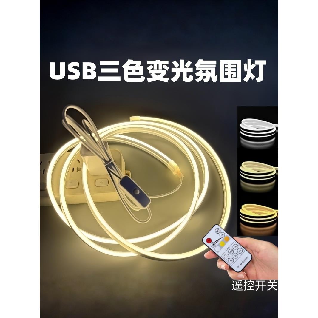 遥控灯带led灯条可调节亮度定时语音usb床头氛围灯床上三色小夜灯