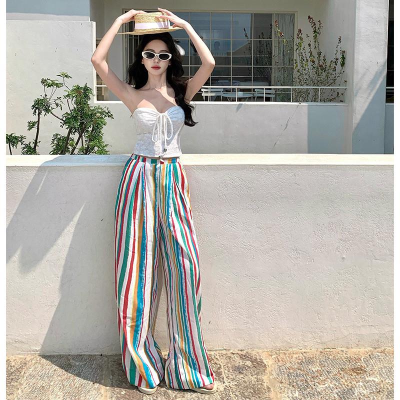网红爆款2025年夏季新款时尚百搭凉凉彩虹条纹裤女薄款显高阔腿裤