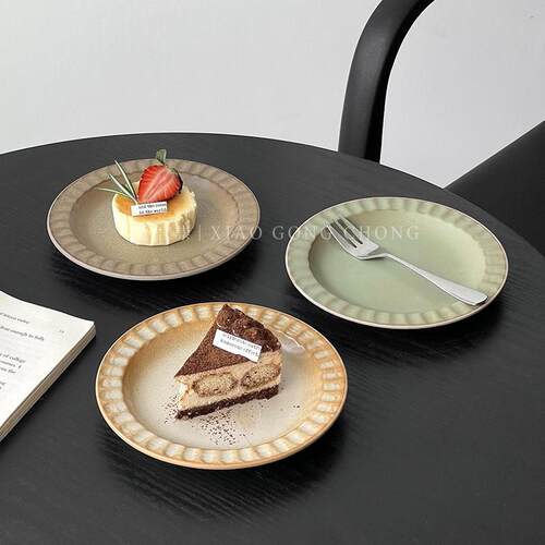 法式复古甜品碟子陶瓷盘蛋糕盘高颜值粗陶餐具精致下午茶点心盘子