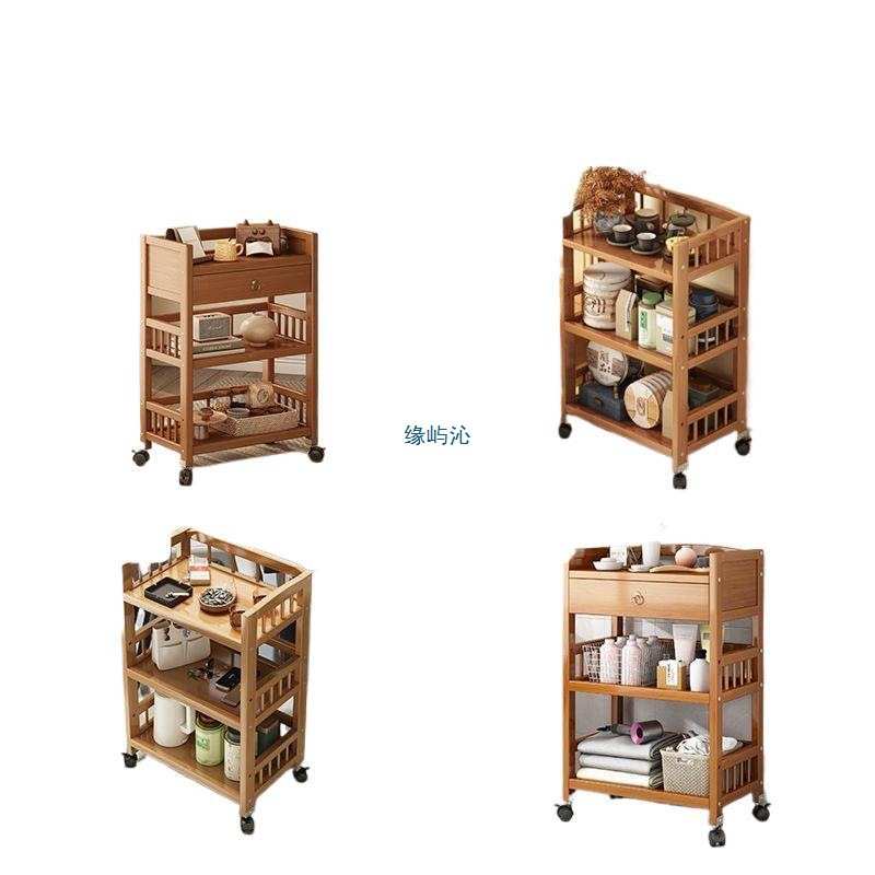 家用可移动置物架小推车客厅简易沙发边几零食架子实木茶叶收纳架