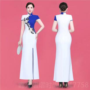 正品澳琳2024秀新款修身改良走曼旗高开叉白袍色长款连衣裙舞台演