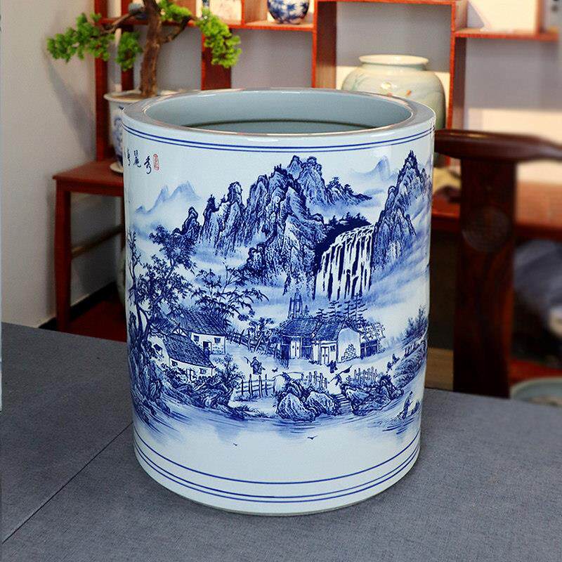 景德镇陶瓷青花瓷山水箭筒书画筒书房储物客厅中国风植树花盆