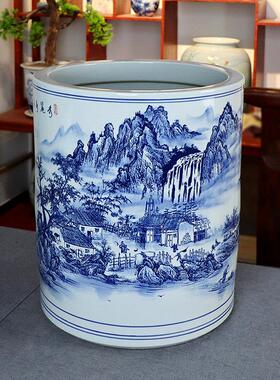 景德镇陶瓷青花瓷山水箭筒书画筒书房储物客厅中国风植树花盆