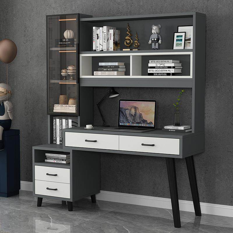 轻奢书桌书架组合一体桌现代简约台式电脑桌家用卧室学生写字桌子