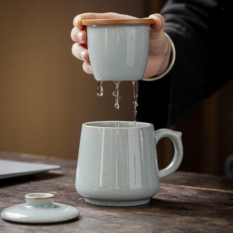 汝窑天青茶水分离杯陶瓷马克杯泡茶杯办公杯带盖子可养水杯定制送